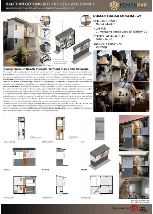 Maket interaktif dan poster program Kampung Gotong Royong Menteng Tenggulun kolaborasi IAI Jakarta x KemenPKP oleh YPA Architecture Studio di Bintaro Design District BDD 2026 Tanah Tinggal, menampilkan desain teknis Rumah Bapak Muslim oleh Ar. Yudha Prasetyo dan Rumah Ibu Mutiah oleh Ar. Titik Efianti & Ricky Geri Ariestivo.