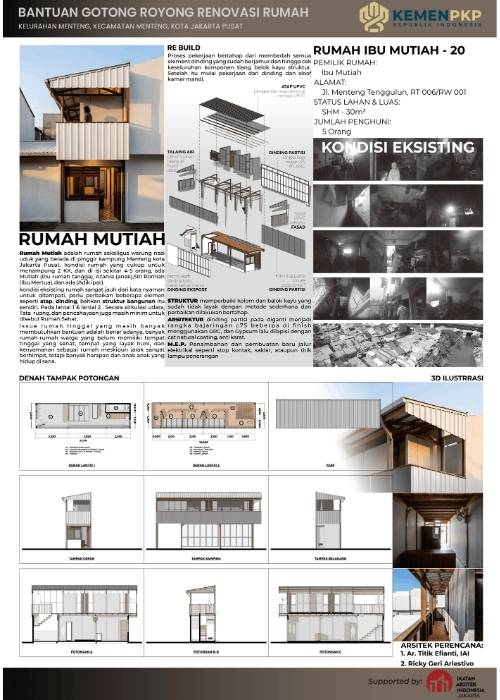 Maket interaktif dan poster program Kampung Gotong Royong Menteng Tenggulun kolaborasi IAI Jakarta x KemenPKP oleh YPA Architecture Studio di Bintaro Design District BDD 2026 Tanah Tinggal, menampilkan desain teknis Rumah Bapak Muslim oleh Ar. Yudha Prasetyo dan Rumah Ibu Mutiah oleh Ar. Titik Efianti & Ricky Geri Ariestivo.