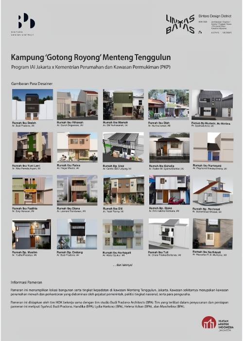 Maket interaktif dan poster program Kampung Gotong Royong Menteng Tenggulun kolaborasi IAI Jakarta x KemenPKP oleh YPA Architecture Studio di Bintaro Design District BDD 2026 Tanah Tinggal, menampilkan desain teknis Rumah Bapak Muslim oleh Ar. Yudha Prasetyo dan Rumah Ibu Mutiah oleh Ar. Titik Efianti & Ricky Geri Ariestivo.