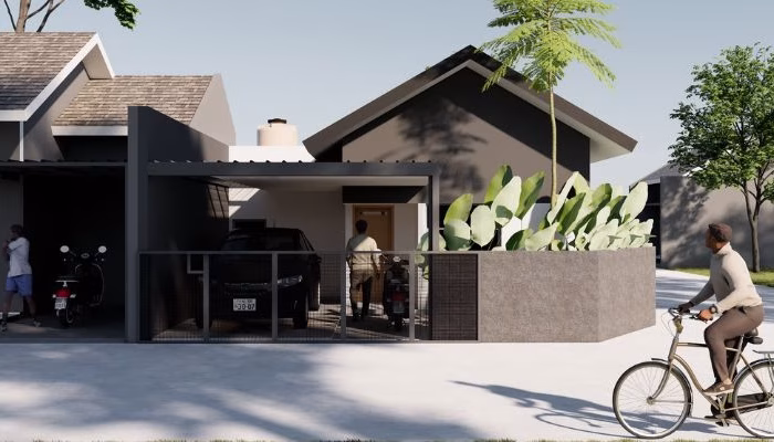 Exterior and interior views of TS House in Semarang, a modern and functional residence designed by YPA Architecture for Mr. Talha Yanıgün and Mrs. Marsiti, emphasizing natural lighting, ventilation, and aesthetic harmony.