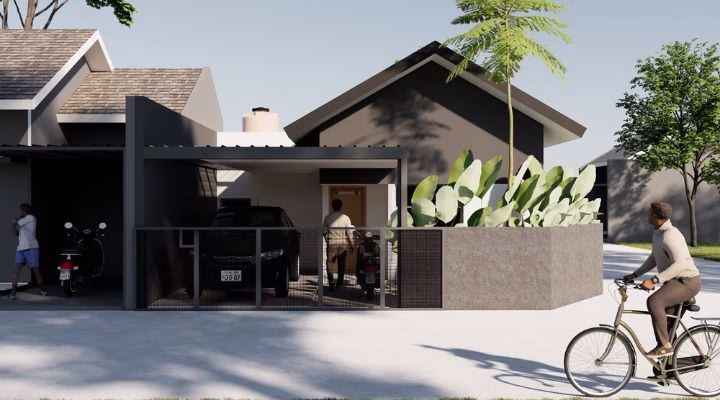 Exterior and interior views of TS House in Semarang, a modern and functional residence designed by YPA Architecture for Mr. Talha Yanıgün and Mrs. Marsiti, emphasizing natural lighting, ventilation, and aesthetic harmony.