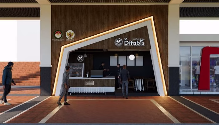 Cafe Difabis in South Jakarta, an inclusive and sustainable architectural space designed by YPA Architects in collaboration with BAZNAS, featuring accessible pathways, ergonomic interiors, and green elements.