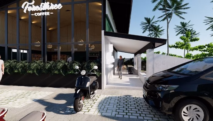 Interior of Foresthree Cafe Karawang featuring a warm and natural design, combining wood, stone, and soft lighting to create a cozy atmosphere for visitors.