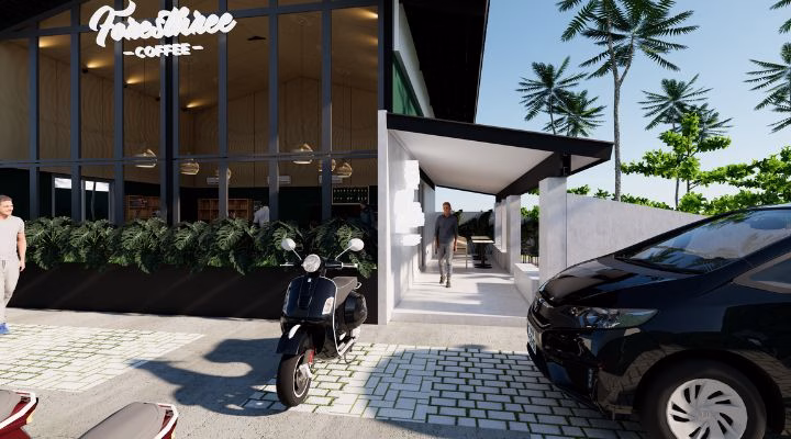 Interior of Foresthree Cafe Karawang featuring a warm and natural design, combining wood, stone, and soft lighting to create a cozy atmosphere for visitors.