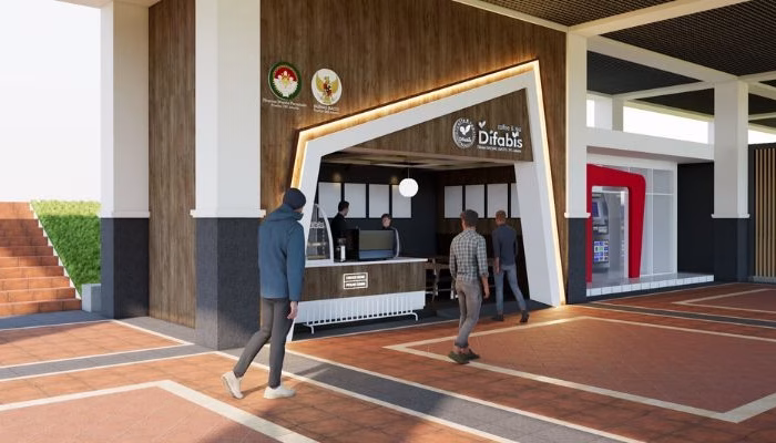 Cafe Difabis in South Jakarta, an inclusive and sustainable architectural space designed by YPA Architects in collaboration with BAZNAS, featuring accessible pathways, ergonomic interiors, and green elements.