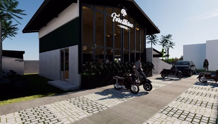 Interior of Foresthree Cafe Karawang featuring a warm and natural design, combining wood, stone, and soft lighting to create a cozy atmosphere for visitors.