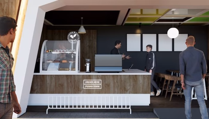 Cafe Difabis in South Jakarta, an inclusive and sustainable architectural space designed by YPA Architects in collaboration with BAZNAS, featuring accessible pathways, ergonomic interiors, and green elements.