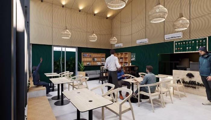 Interior of Foresthree Cafe Karawang featuring a warm and natural design, combining wood, stone, and soft lighting to create a cozy atmosphere for visitors.