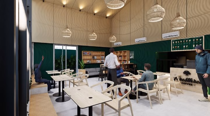 Interior of Foresthree Cafe Karawang featuring a warm and natural design, combining wood, stone, and soft lighting to create a cozy atmosphere for visitors.