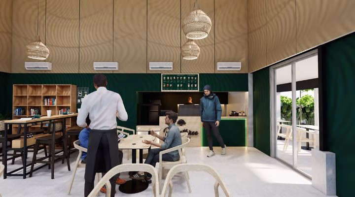 Interior of Foresthree Cafe Karawang featuring a warm and natural design, combining wood, stone, and soft lighting to create a cozy atmosphere for visitors.