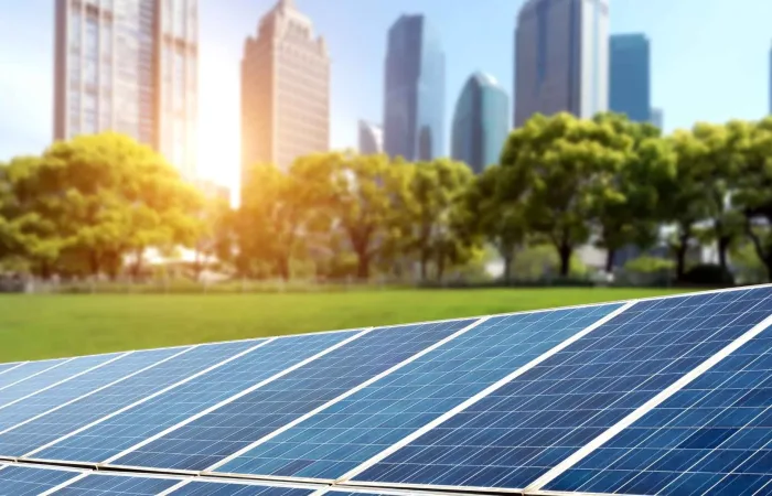 Illustration of a future city with smart buildings, solar panels, automated lighting and green elements for smart architecture.