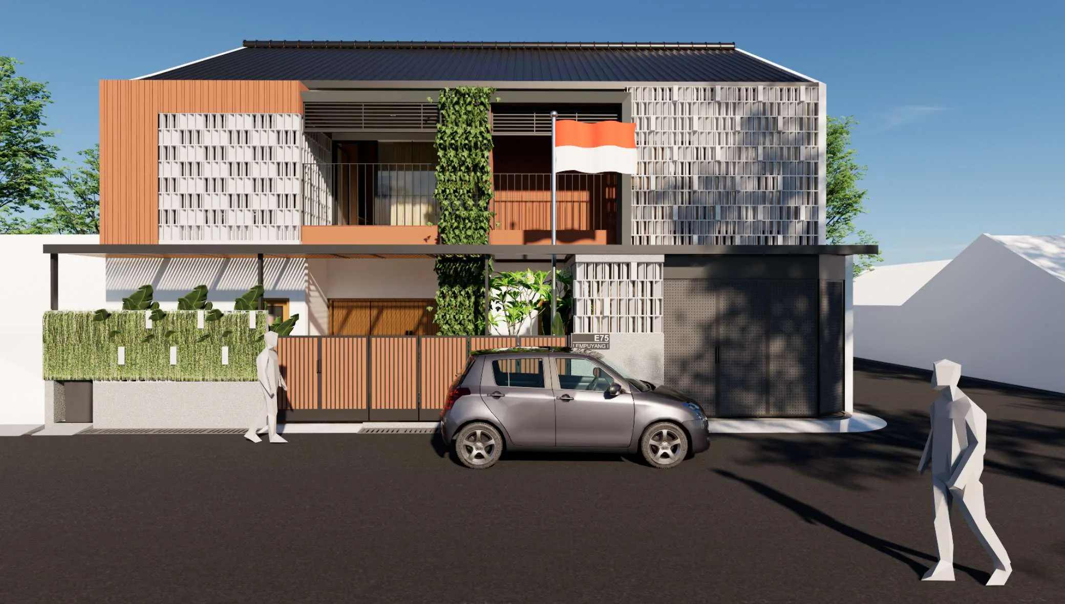 A modern house under construction, with construction workers working on the building structure.