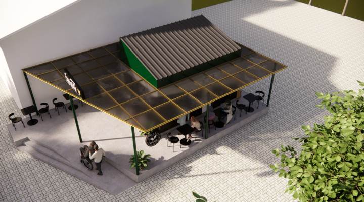 The exterior and interior design of Cafe Difabis RSUD Kebayoran Lama by YPA Architecture Studio features a small building with a transparent canopy, open seating area, and inclusive layout that is disability friendly.