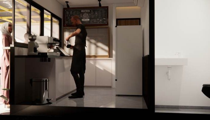 The exterior and interior design of Cafe Difabis RSUD Kebayoran Lama by YPA Architecture Studio features a small building with a transparent canopy, open seating area, and inclusive layout that is disability friendly.