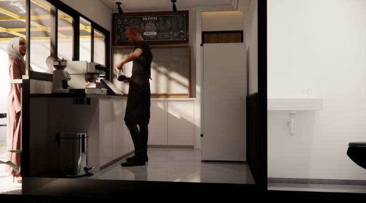 The exterior and interior design of Cafe Difabis RSUD Kebayoran Lama by YPA Architecture Studio features a small building with a transparent canopy, open seating area, and inclusive layout that is disability friendly.