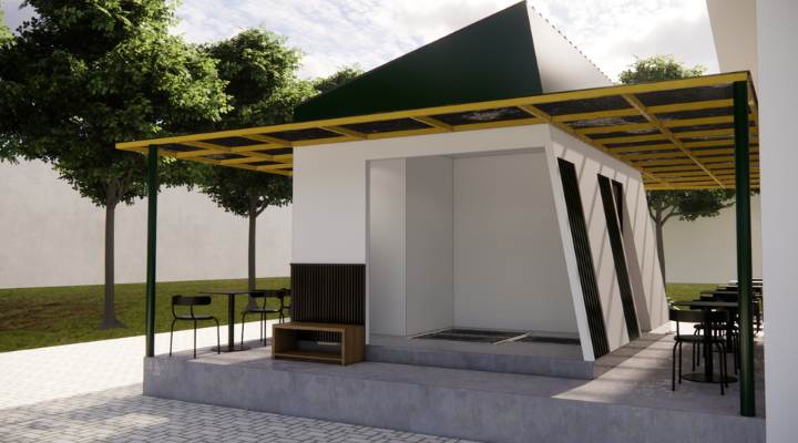 The exterior and interior design of Cafe Difabis RSUD Kebayoran Lama by YPA Architecture Studio features a small building with a transparent canopy, open seating area, and inclusive layout that is disability friendly.