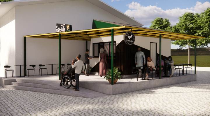 The exterior and interior design of Cafe Difabis RSUD Kebayoran Lama by YPA Architecture Studio features a small building with a transparent canopy, open seating area, and inclusive layout that is disability friendly.