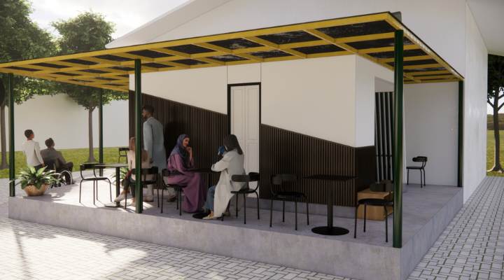 The exterior and interior design of Cafe Difabis RSUD Kebayoran Lama by YPA Architecture Studio features a small building with a transparent canopy, open seating area, and inclusive layout that is disability friendly.