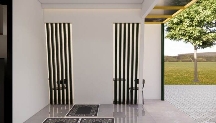 The exterior and interior design of Cafe Difabis RSUD Kebayoran Lama by YPA Architecture Studio features a small building with a transparent canopy, open seating area, and inclusive layout that is disability friendly.