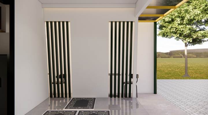 The exterior and interior design of Cafe Difabis RSUD Kebayoran Lama by YPA Architecture Studio features a small building with a transparent canopy, open seating area, and inclusive layout that is disability friendly.