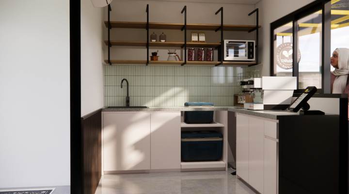 The exterior and interior design of Cafe Difabis RSUD Kebayoran Lama by YPA Architecture Studio features a small building with a transparent canopy, open seating area, and inclusive layout that is disability friendly.