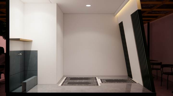 The exterior and interior design of Cafe Difabis RSUD Kebayoran Lama by YPA Architecture Studio features a small building with a transparent canopy, open seating area, and inclusive layout that is disability friendly.