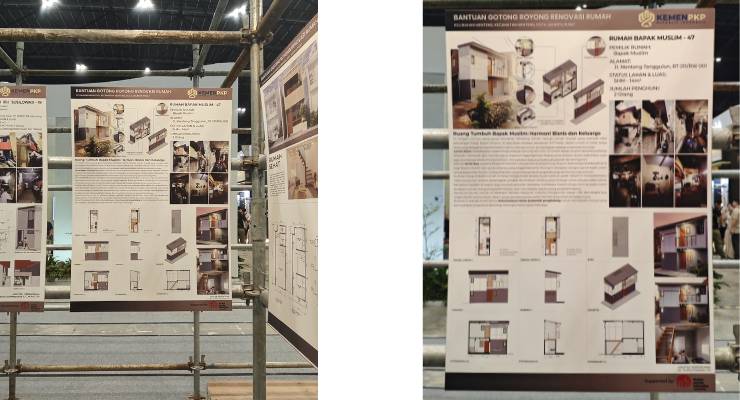 Panel pameran karya YPA Architecture Studio pada Kampung Kuliner Menteng Jakarta yang menampilkan desain Rumah Ibu Mutiah dan Rumah Bapak Muslim dengan konsep hunian sehat, produktif, dan berkelanjutan di kawasan kampung kota.