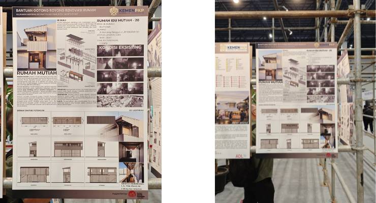 Panel pameran karya YPA Architecture Studio pada Kampung Kuliner Menteng Jakarta yang menampilkan desain Rumah Ibu Mutiah dan Rumah Bapak Muslim dengan konsep hunian sehat, produktif, dan berkelanjutan di kawasan kampung kota.