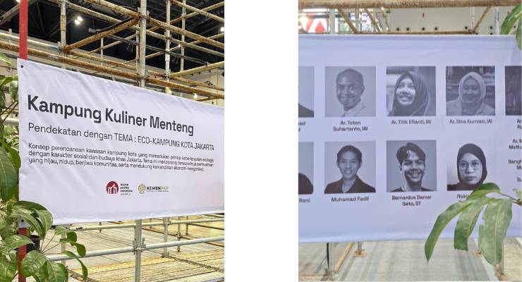 Panel pameran karya YPA Architecture Studio pada Kampung Kuliner Menteng Jakarta yang menampilkan desain Rumah Ibu Mutiah dan Rumah Bapak Muslim dengan konsep hunian sehat, produktif, dan berkelanjutan di kawasan kampung kota.
