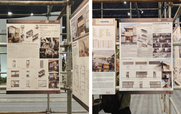 Panel pameran karya YPA Architecture Studio pada Kampung Kuliner Menteng Jakarta yang menampilkan desain Rumah Ibu Mutiah dan Rumah Bapak Muslim dengan konsep hunian sehat, produktif, dan berkelanjutan di kawasan kampung kota.