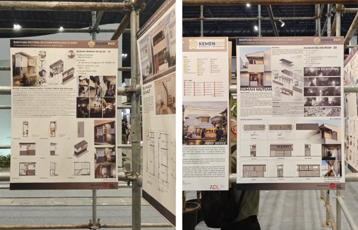 Panel pameran karya YPA Architecture Studio pada Kampung Kuliner Menteng Jakarta yang menampilkan desain Rumah Ibu Mutiah dan Rumah Bapak Muslim dengan konsep hunian sehat, produktif, dan berkelanjutan di kawasan kampung kota.