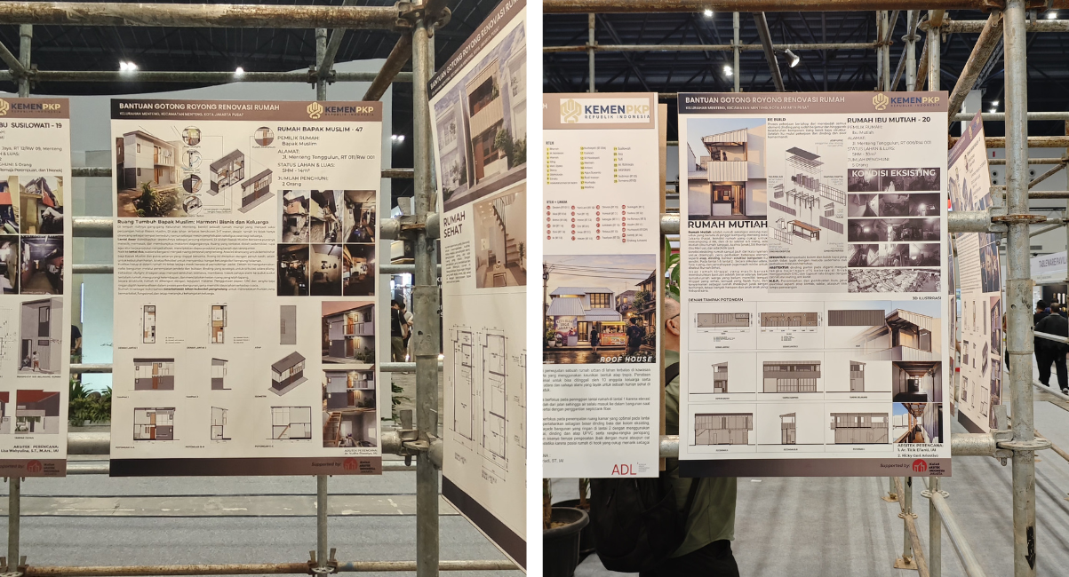 Panel pameran karya YPA Architecture Studio pada Kampung Kuliner Menteng Jakarta yang menampilkan desain Rumah Ibu Mutiah dan Rumah Bapak Muslim dengan konsep hunian sehat, produktif, dan berkelanjutan di kawasan kampung kota.